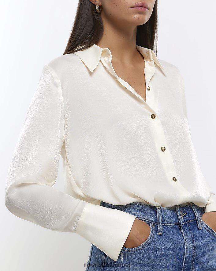 לבוש River Island חולצת סאטן עם שרוולים ארוכים במיוחד בז' נשים BDZ4081370