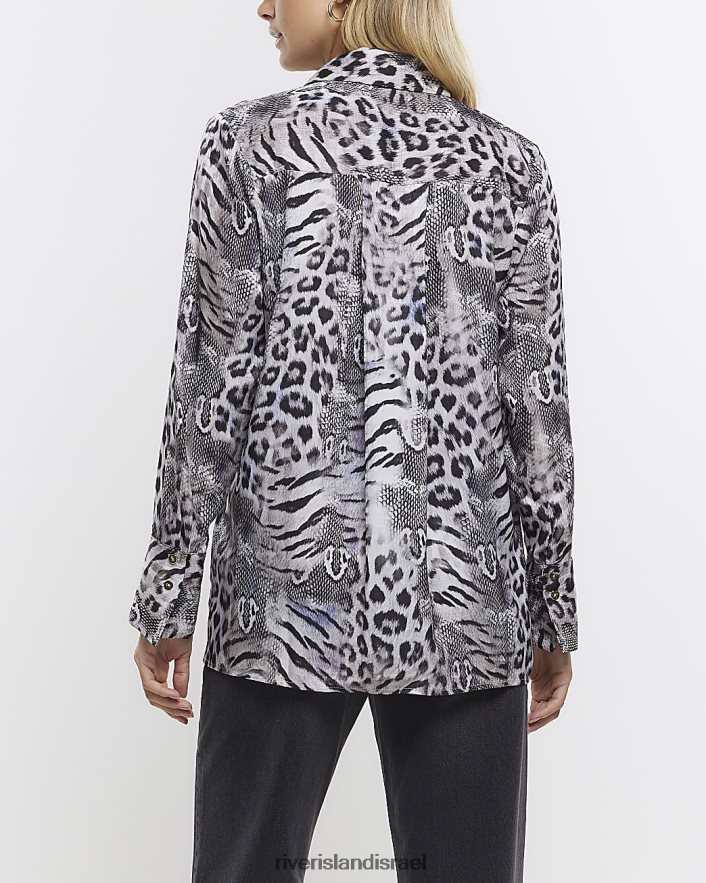 לבוש River Island חולצת אוברסייז בהדפס חיות סאטן אפור נשים BDZ4081374