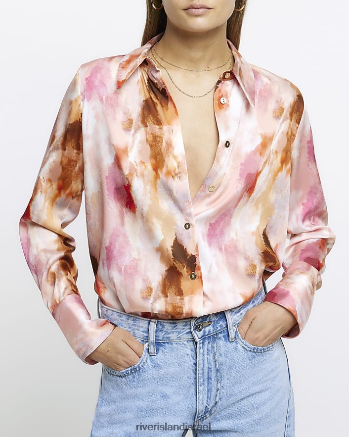 לבוש River Island חולצת אוברסייז אבסטרקטית סאטן וָרוֹד נשים BDZ4081379