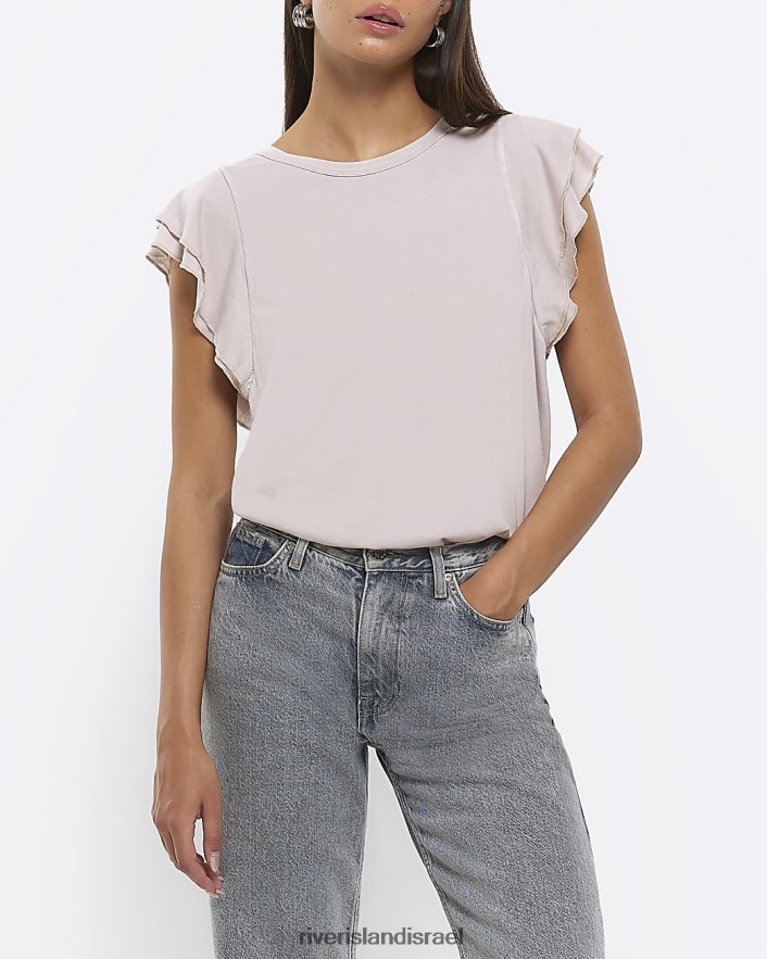 לבוש River Island חולצת טריקו עם שרוול סלסול אפור נשים BDZ4081381