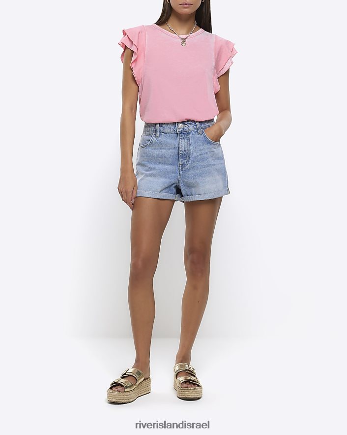 לבוש River Island חולצת טריקו עם שרוול סלסול וָרוֹד נשים BDZ4081382