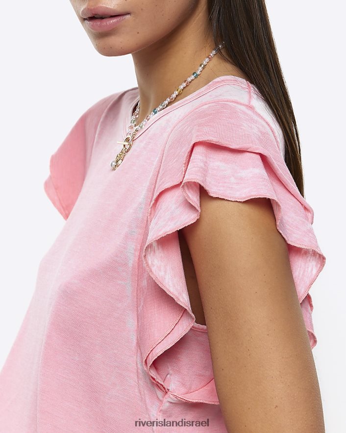 לבוש River Island חולצת טריקו עם שרוול סלסול וָרוֹד נשים BDZ4081382