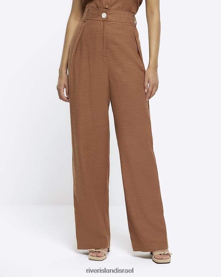 לבוש River Island מכנסיים רחבים עם תערובת פשתן חום נשים BDZ4081392