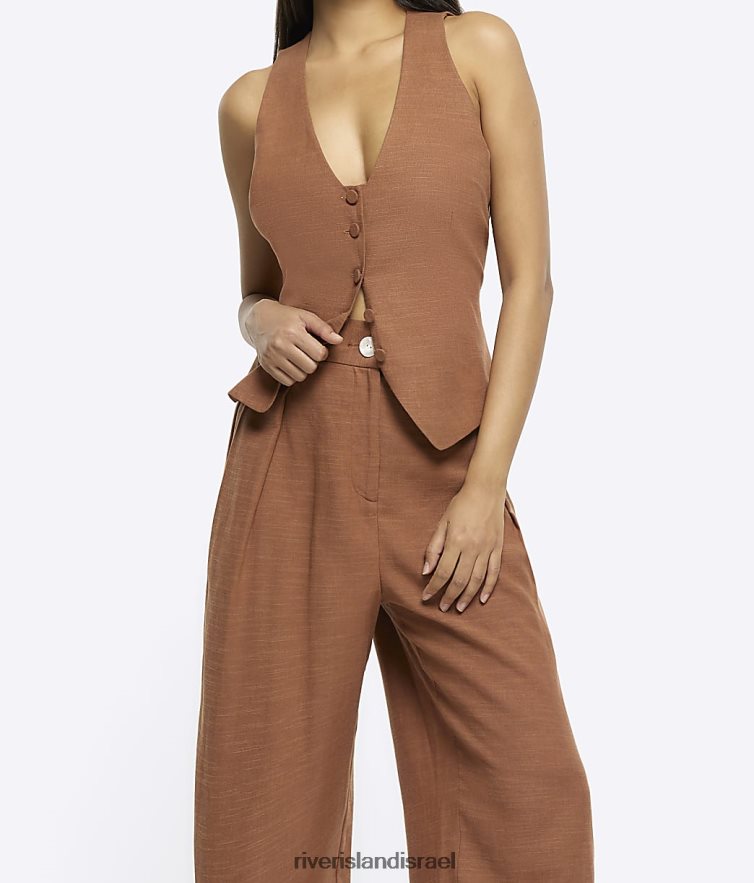 לבוש River Island מכנסיים רחבים עם תערובת פשתן חום נשים BDZ4081392