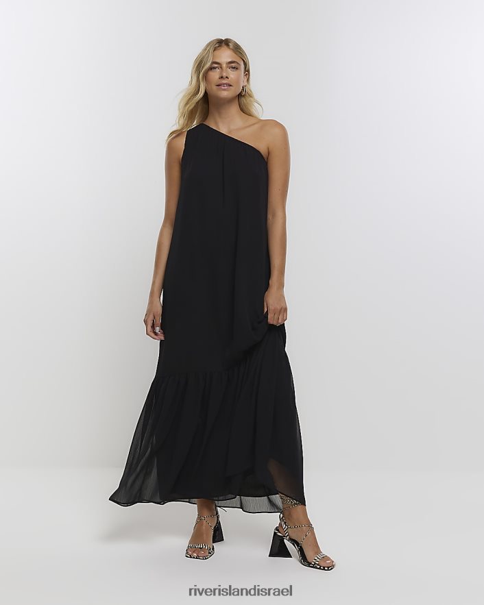 לבוש River Island שמלת מקסי חלוק שיפון עם כתף אחת שָׁחוֹר נשים BDZ4081395
