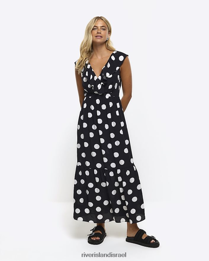 לבוש River Island שמלת מקסי מנומרת עם סלסולים שָׁחוֹר נשים BDZ4081400