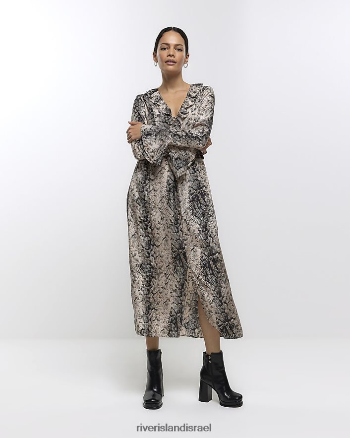 לבוש River Island שמלת מידי נדנדת סלסולים בהדפס בעלי חיים אפור נשים BDZ408142