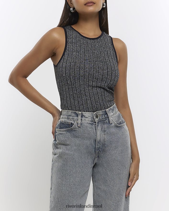 לבוש River Island גופיית רייסר מתכתית שָׁחוֹר נשים BDZ4081422