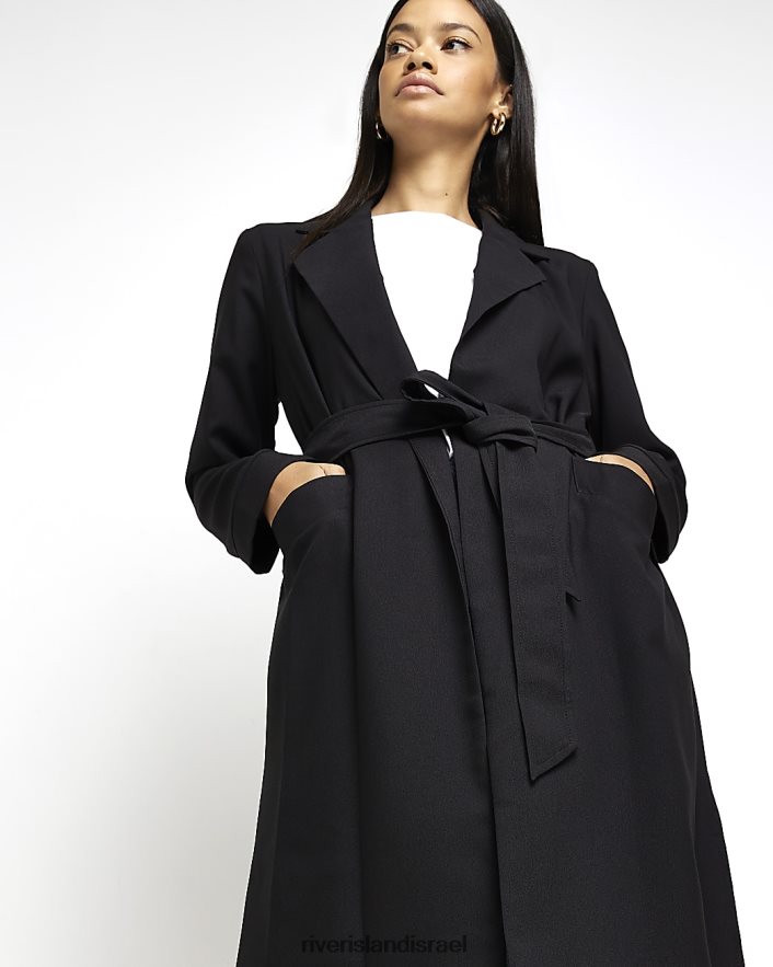 לבוש River Island מעיל אבק מותניים קשירת סאטן שָׁחוֹר נשים BDZ4081431