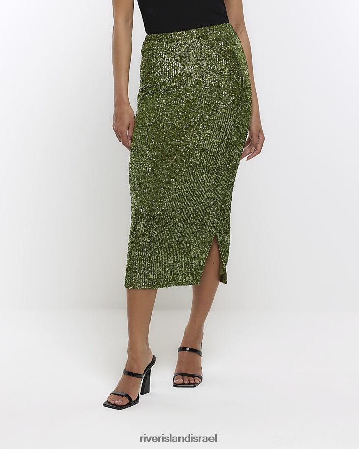 לבוש River Island חצאית מידי נצנצים ירוק נשים BDZ4081441