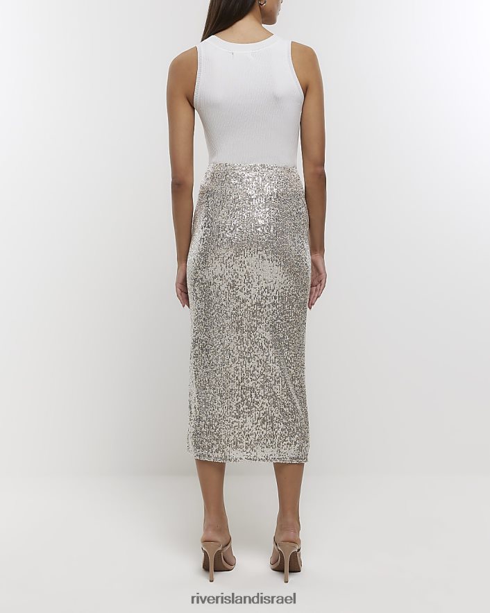 לבוש River Island חצאית מידי נצנצים כסף נשים BDZ4081442