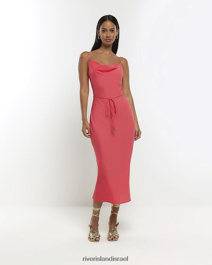 לבוש River Island שמלת מידי מותן קשירת סאטן אלמוג נשים BDZ4081470