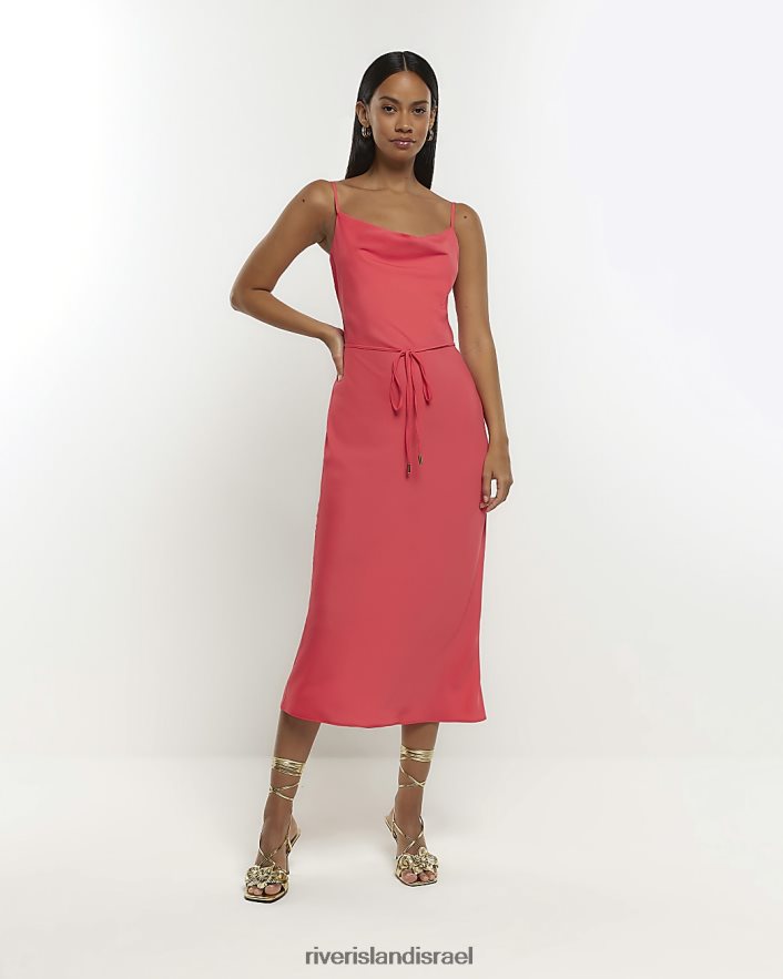 לבוש River Island שמלת מידי מותן קשירת סאטן אלמוג נשים BDZ4081470