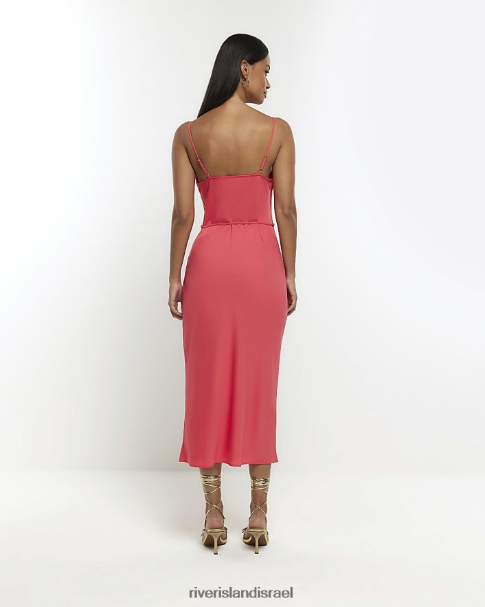 לבוש River Island שמלת מידי מותן קשירת סאטן אלמוג נשים BDZ4081470