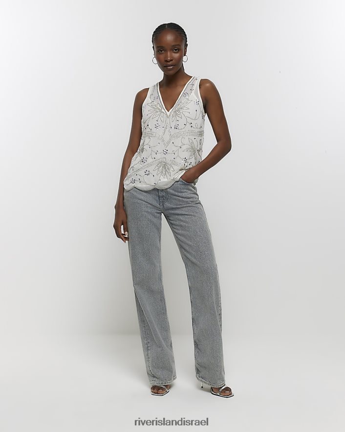 לבוש River Island גופייה מעוטרת לבן נשים BDZ408148