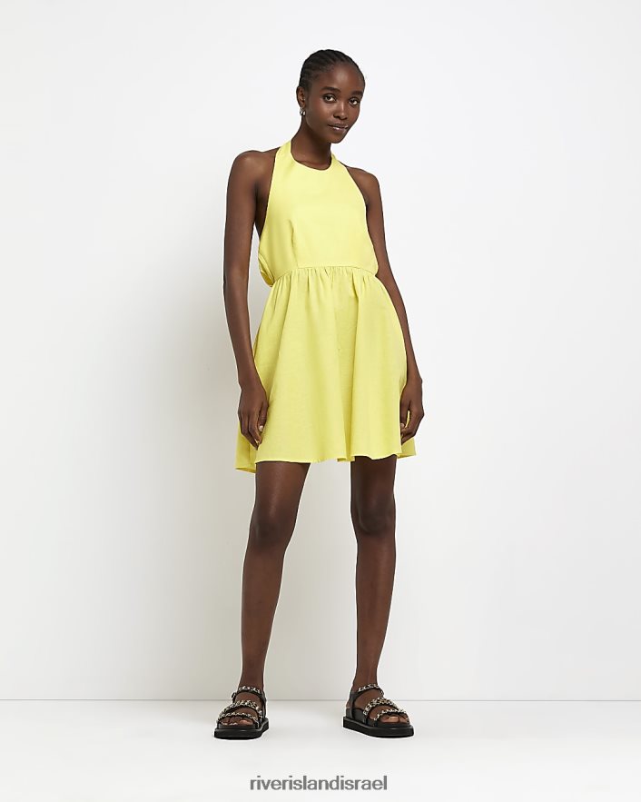 לבוש River Island שמלת מיני פשתן עם צווארון קולר צהוב נשים BDZ4081492