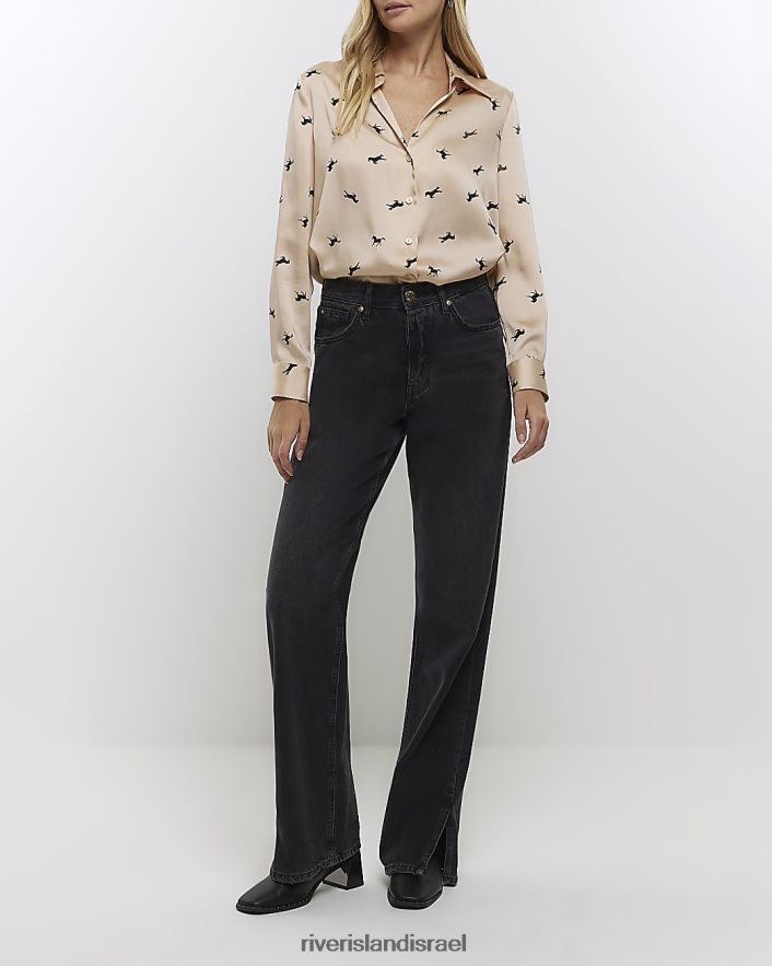 לבוש River Island חולצת סאטן עם שרוולים ארוכים בז' נשים BDZ408150