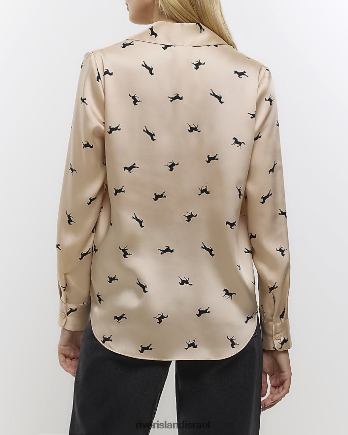 לבוש River Island חולצת סאטן עם שרוולים ארוכים בז' נשים BDZ408150