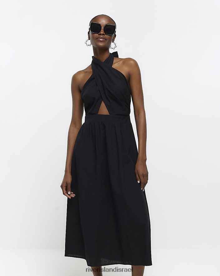 לבוש River Island שמלת מידי פשתן עם צווארון קולר שָׁחוֹר נשים BDZ4081522