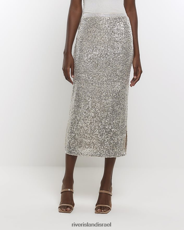 לבוש River Island חצאית מידי נצנצים כסף נשים BDZ408153