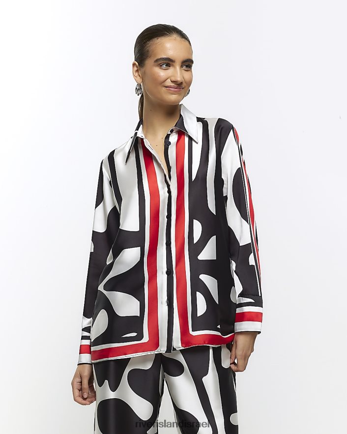 לבוש River Island חולצת אוברסייז אבסטרקטית סאטן אָדוֹם נשים BDZ408156