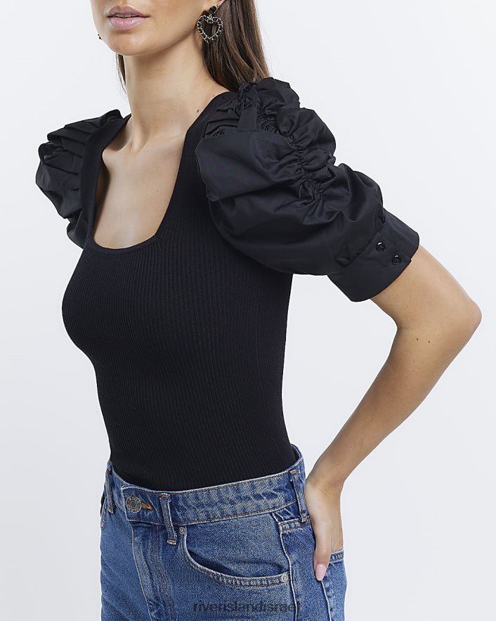 לבוש River Island חלק עליון עם שרוולים קצרים מרופטים שָׁחוֹר נשים BDZ4081568