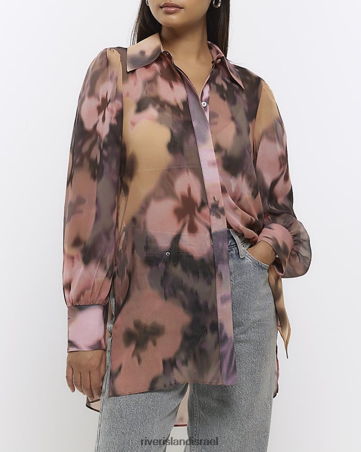 לבוש River Island חולצת אוברסייז פרחונית עם שרוולים ארוכים וָרוֹד נשים BDZ408158