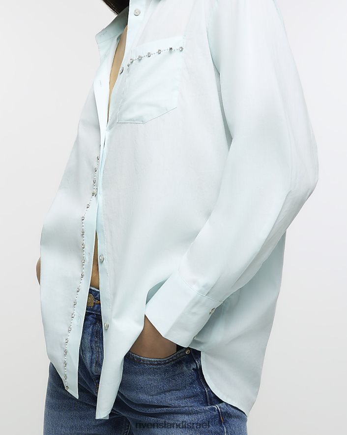 לבוש River Island חולצה מעוטרת עם שרוולים ארוכים כְּחוֹל נשים BDZ4081584