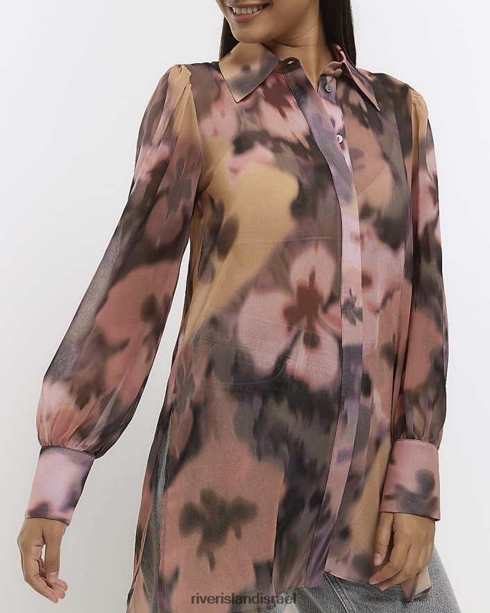 לבוש River Island חולצת אוברסייז פרחונית עם שרוולים ארוכים וָרוֹד נשים BDZ408158
