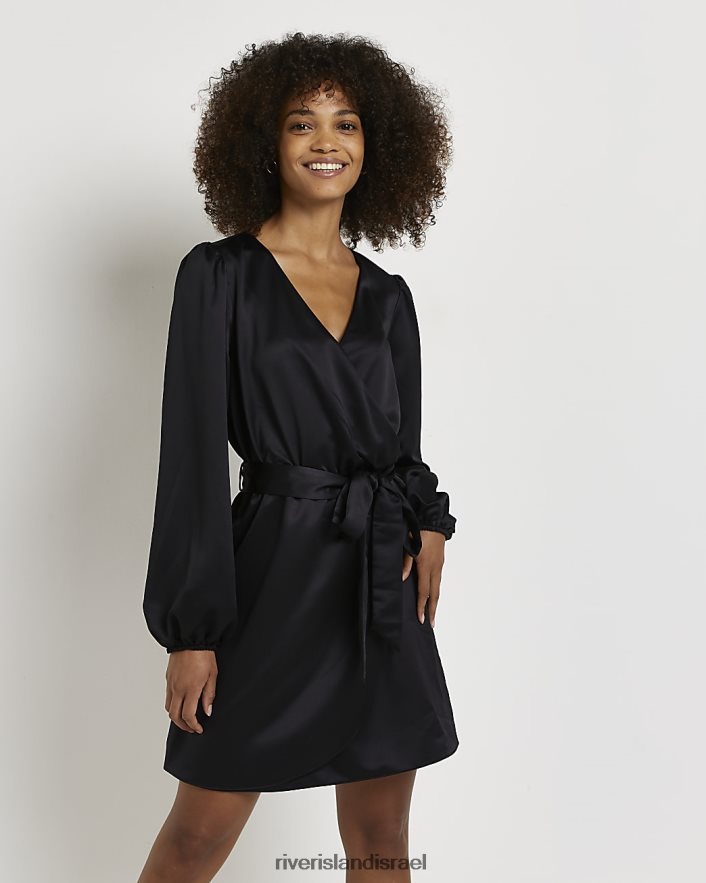 לבוש River Island שמלת מיני מעטפת סאטן עם שרוול ארוך שָׁחוֹר נשים BDZ4081595