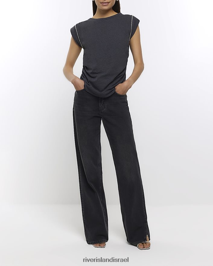 לבוש River Island חולצת טריקו בגזרת יהלומים אפור נשים BDZ4081599