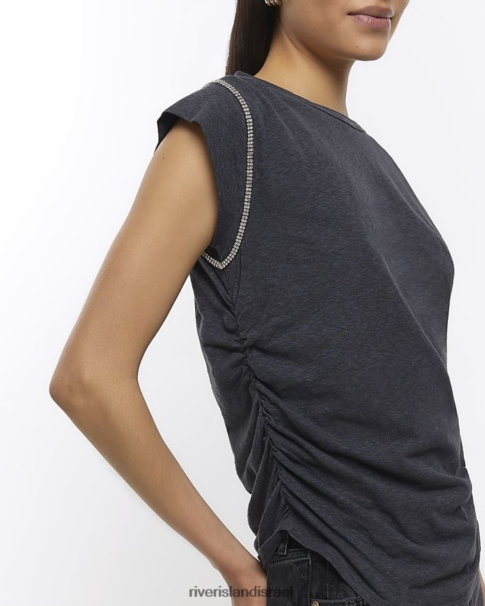 לבוש River Island חולצת טריקו בגזרת יהלומים אפור נשים BDZ4081599