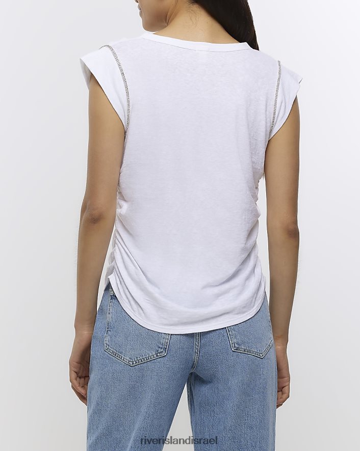 לבוש River Island חולצת טריקו בגזרת יהלומים לבן נשים BDZ4081600