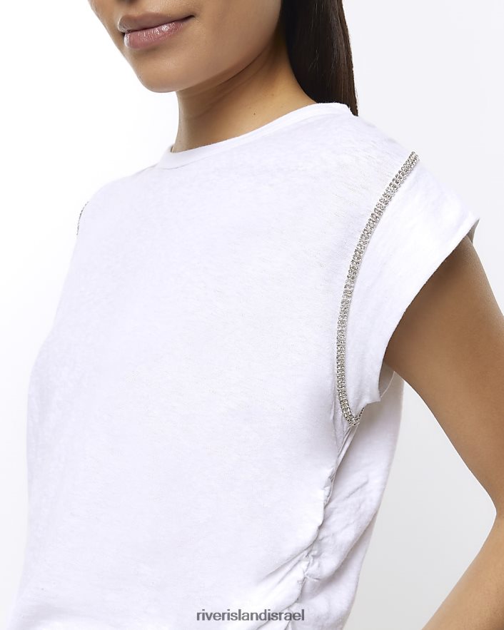 לבוש River Island חולצת טריקו בגזרת יהלומים לבן נשים BDZ4081600