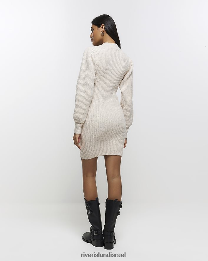 לבוש River Island שמלת מיני מגשר עם שרוול נפוח סרוג קרם נשים BDZ408164