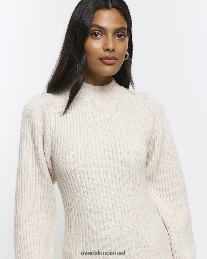 לבוש River Island שמלת מיני מגשר עם שרוול נפוח סרוג קרם נשים BDZ408164