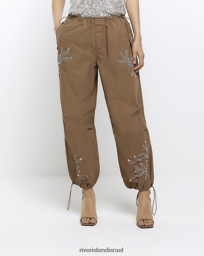 לבוש River Island מכנסי מצנח מעוטרים חום נשים BDZ4081684