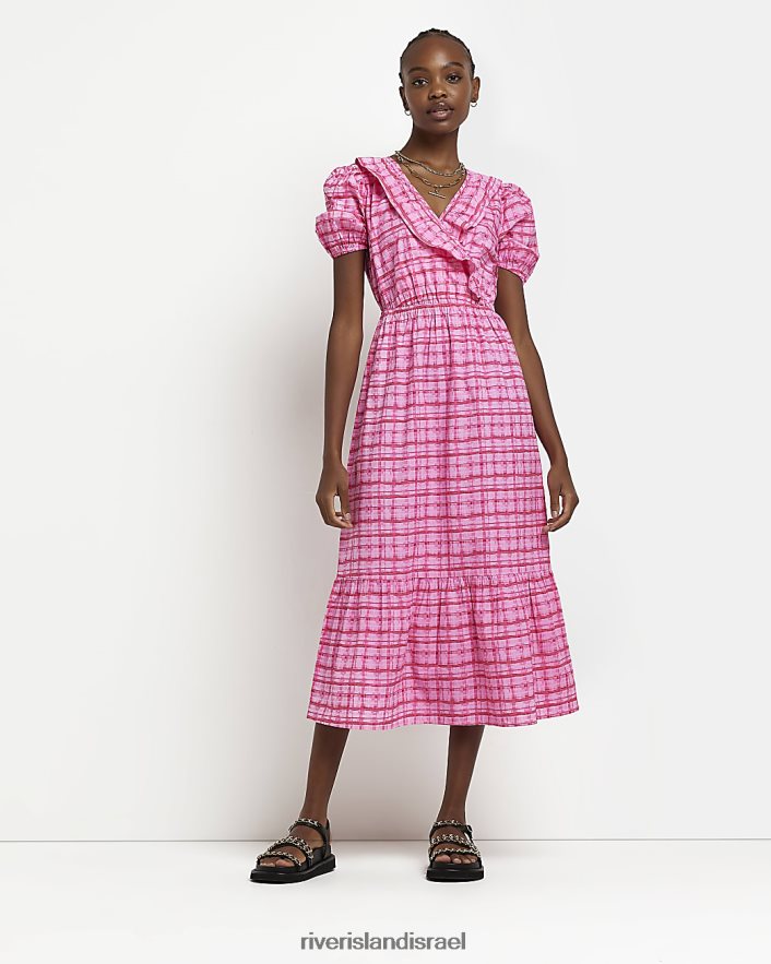 לבוש River Island שמלת מידי מעטפת עם שרוולים נפוחים וָרוֹד נשים BDZ4081689