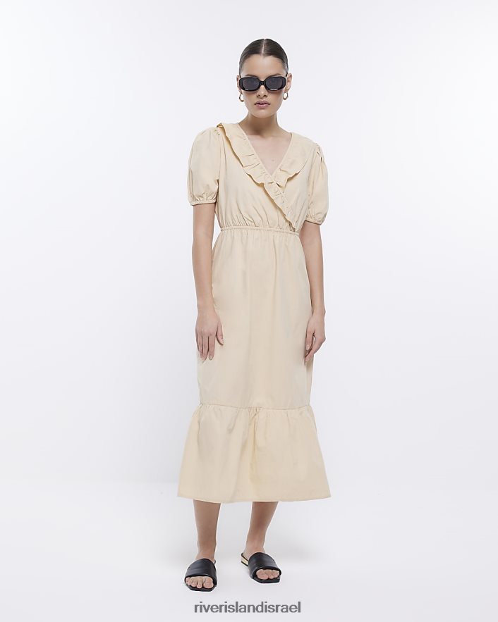 לבוש River Island שמלת מידי מעטפת עם שרוולים נפוחים בז' נשים BDZ4081690