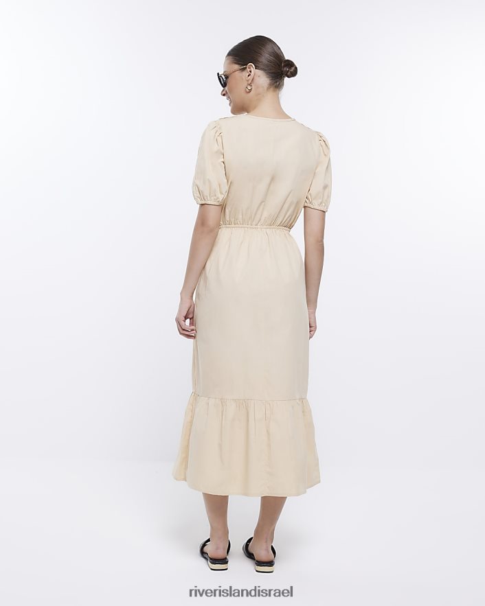 לבוש River Island שמלת מידי מעטפת עם שרוולים נפוחים בז' נשים BDZ4081690