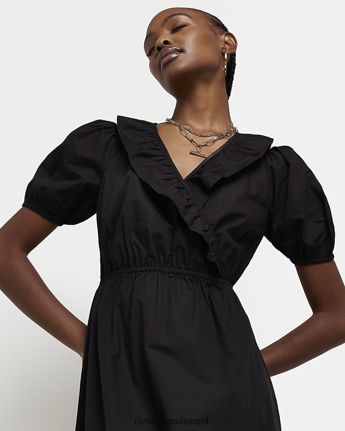 לבוש River Island שמלת מידי מעטפת עם שרוולים נפוחים שָׁחוֹר נשים BDZ4081691