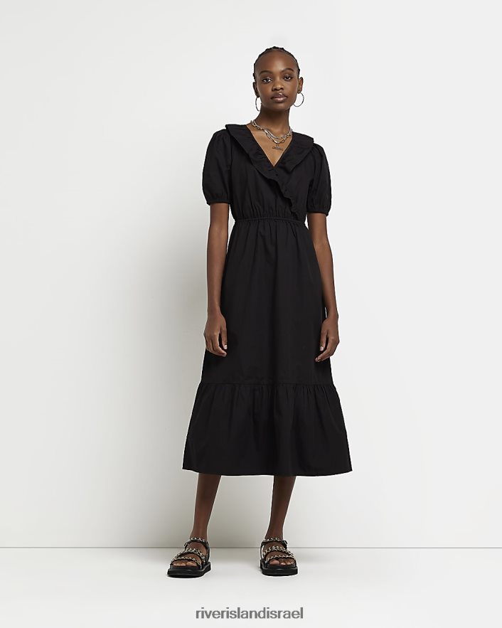 לבוש River Island שמלת מידי מעטפת עם שרוולים נפוחים שָׁחוֹר נשים BDZ4081691
