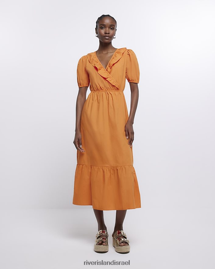 לבוש River Island שמלת מידי מעטפת עם שרוולים נפוחים תפוז נשים BDZ4081693