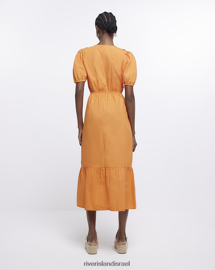 לבוש River Island שמלת מידי מעטפת עם שרוולים נפוחים תפוז נשים BDZ4081693