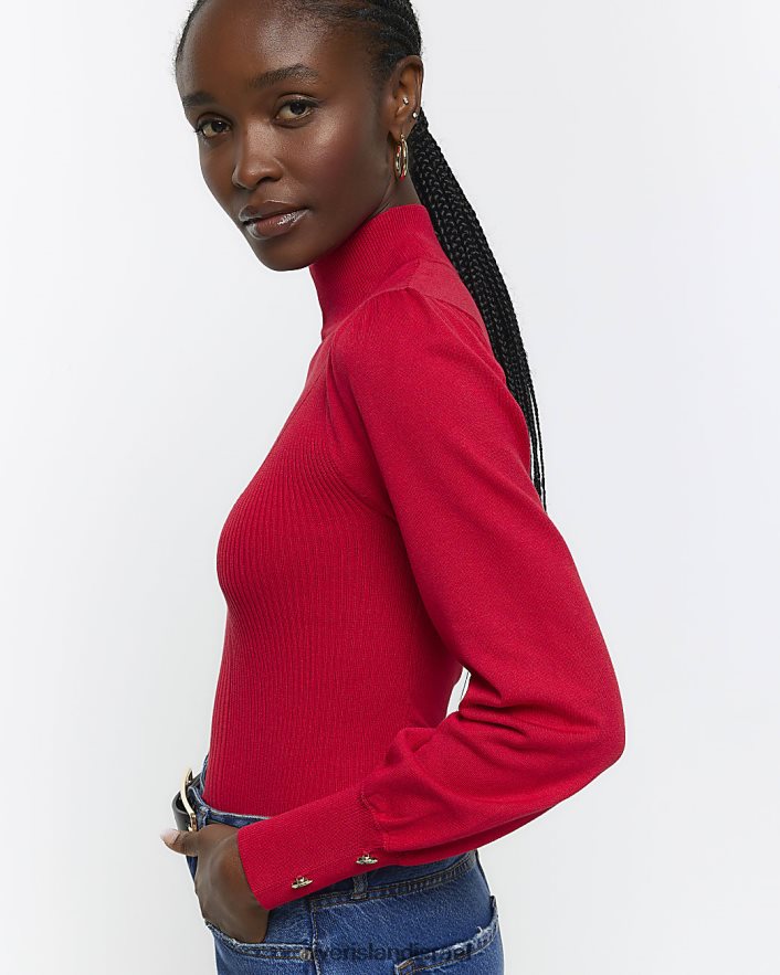 לבוש River Island חלק עליון עם שרוולים ארוכים עם צווארון גבוה אָדוֹם נשים BDZ408169