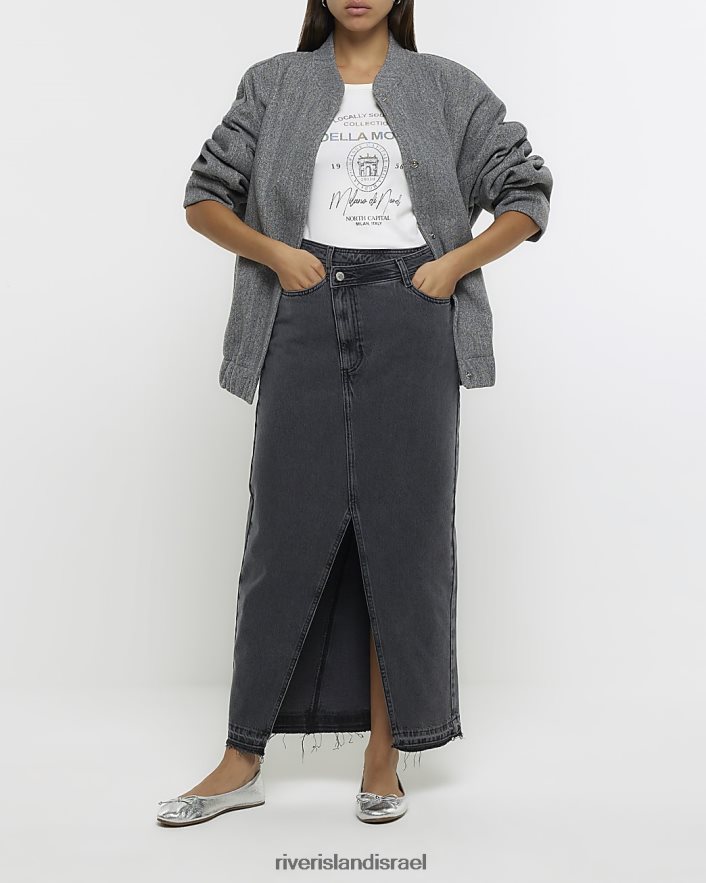 לבוש River Island חצאית מקסי ג'ינס אסימטרית במותן אפור נשים BDZ408171