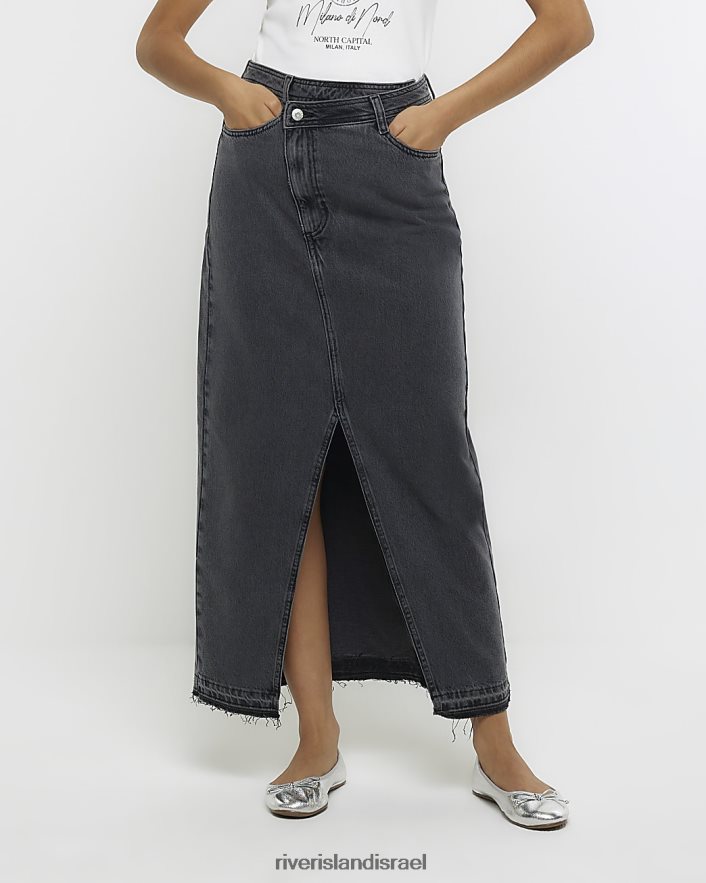לבוש River Island חצאית מקסי ג'ינס אסימטרית במותן אפור נשים BDZ408171