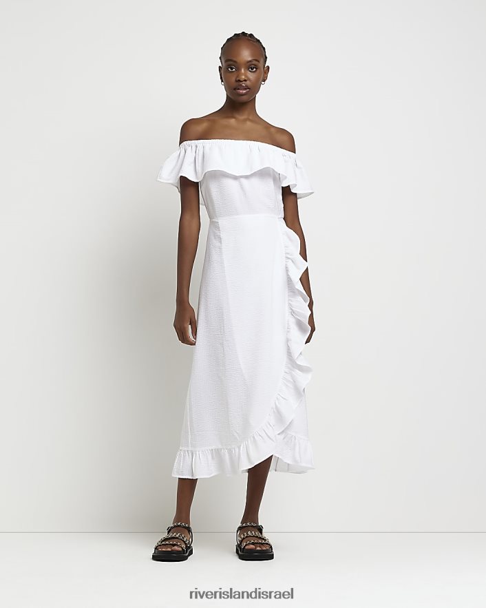 לבוש River Island שמלת מידי ברדו עם סלסולים לבן נשים BDZ4081737