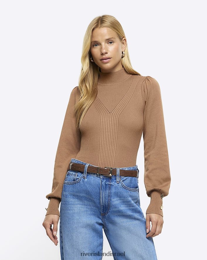 לבוש River Island ראש צווארון מיקס צלעות חום נשים BDZ408174