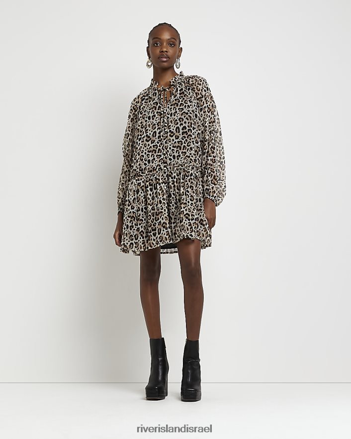 לבוש River Island שמלת מיני חלוק בהדפס בעלי חיים חום נשים BDZ4081754